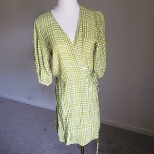 Faithfull the Brand Green‎ Button Front Plaid Wrap Dress Large